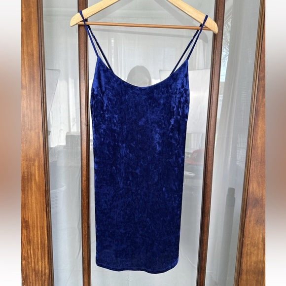 Forever 21 Velvet Slip Dress Small Blue Spaghetti Strap Whimsigoth 90s Mini - Picture 1 of 7